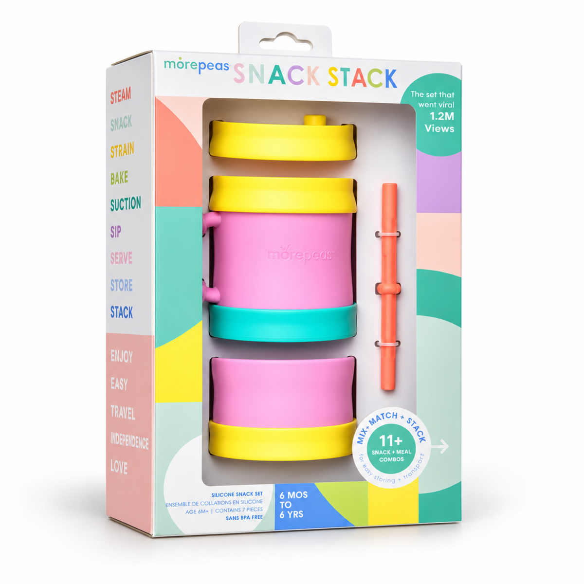 Morepeas Snack Stack silicone snack cup set in Grape, in its retail box