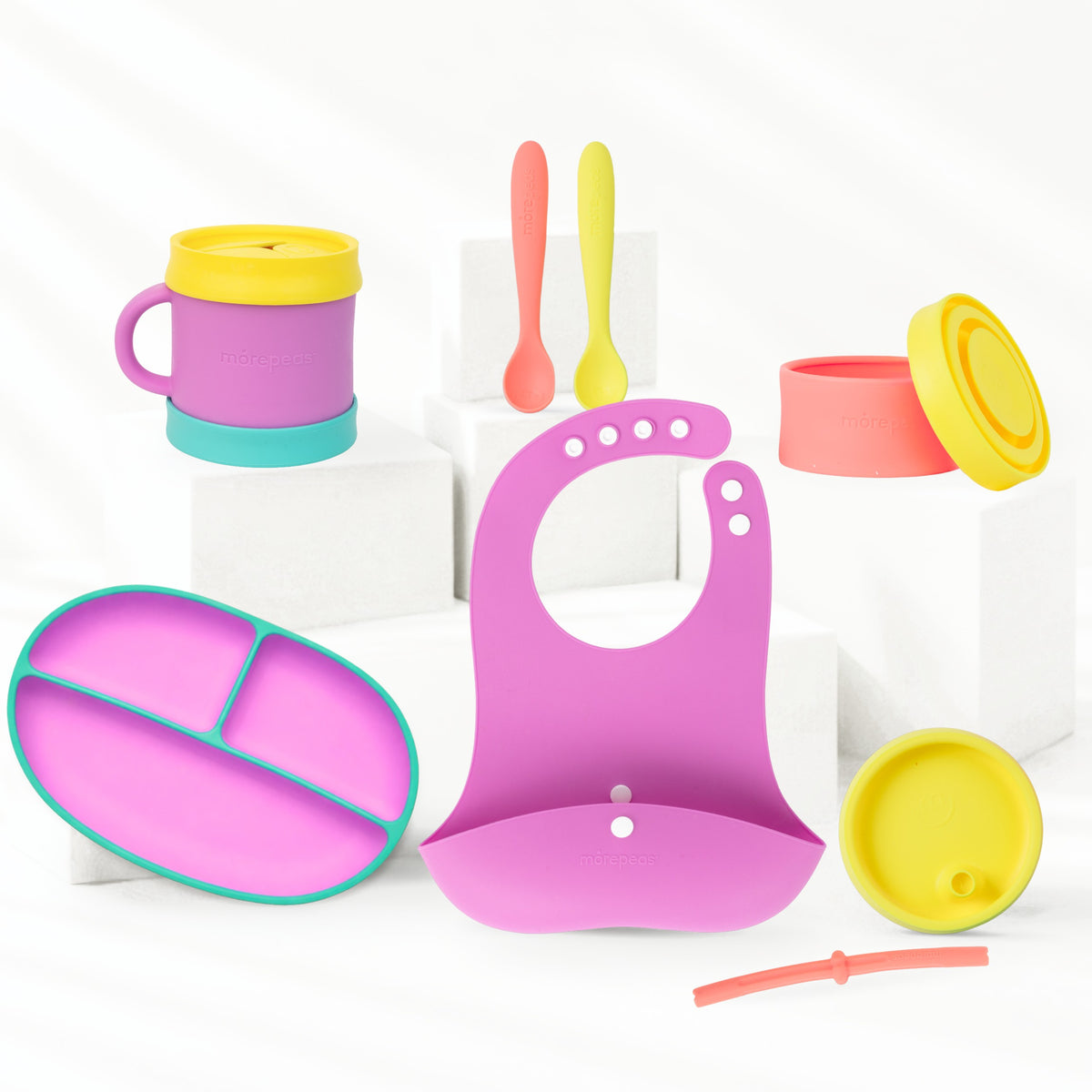 Morepeas Mealtime Set in Grape: suction plate, cup, bowl, lids, bib and spoons #Color_Grape