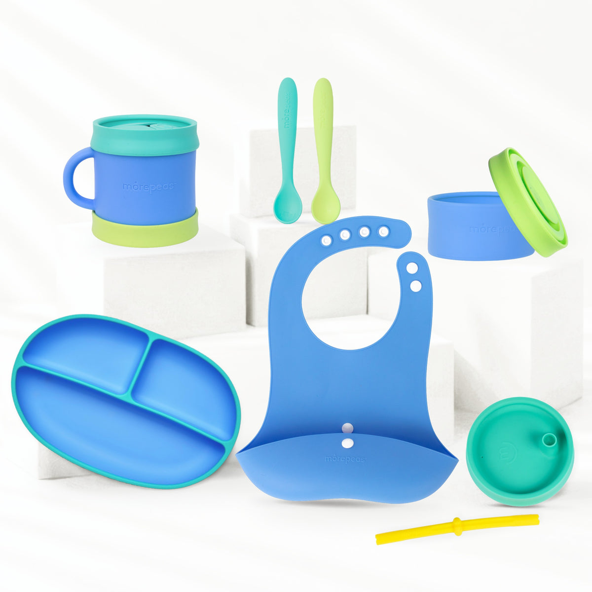 Morepeas Mealtime Set in Blueberry: suction plate, cup, bowl, lids, bib and spoons #Color_Blueberry