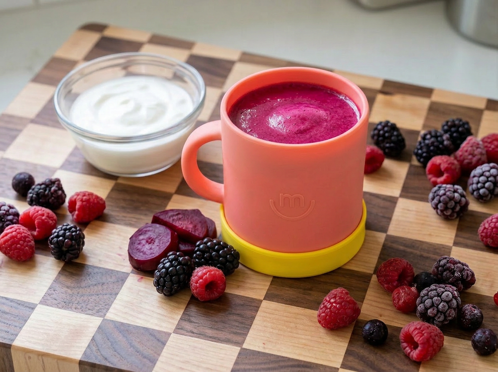 A purple smoothie in a teal cup with an orange base, on a marble counter with a sprinkle of blueberries, bananas, and spinach leaves.