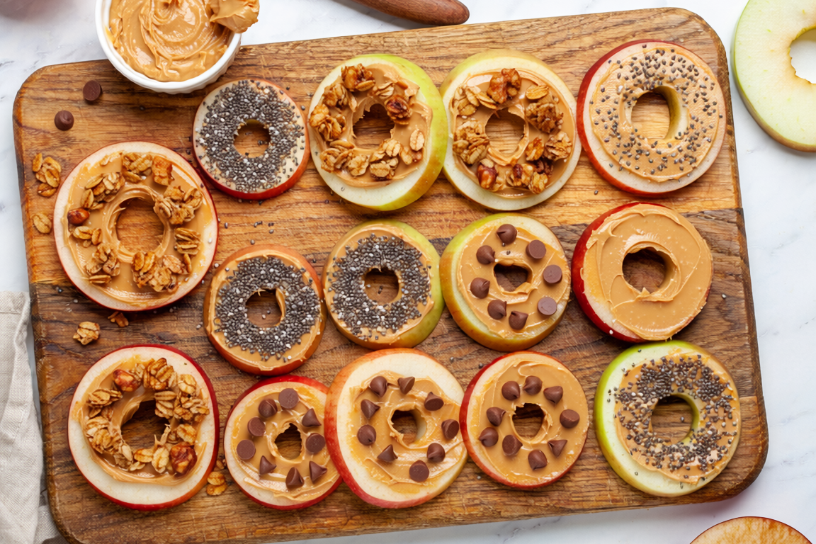Apple donuts topped with peanut butter, granola and chocolate chips