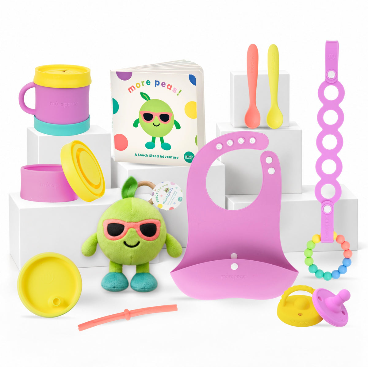 Morepeas Baby Shower Bundle in Grape with snack cup, bowl, bib, spoons, tether, teether, pacifier, Percy the Pea plush and storybook #Color_Grape
