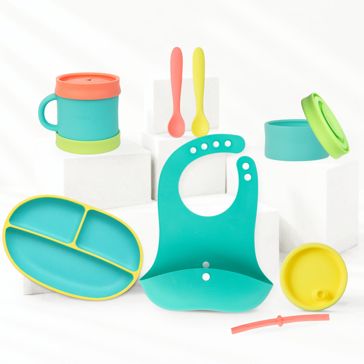 Morepeas Mealtime Set in Sherbert: suction plate, cup, bowl, lids, bib and spoons #Color_Sherbert