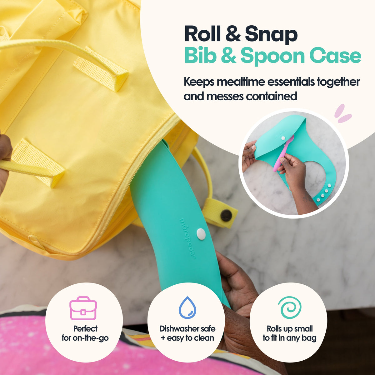 Roll & Snap Bib rolled up as a spoon case for travel