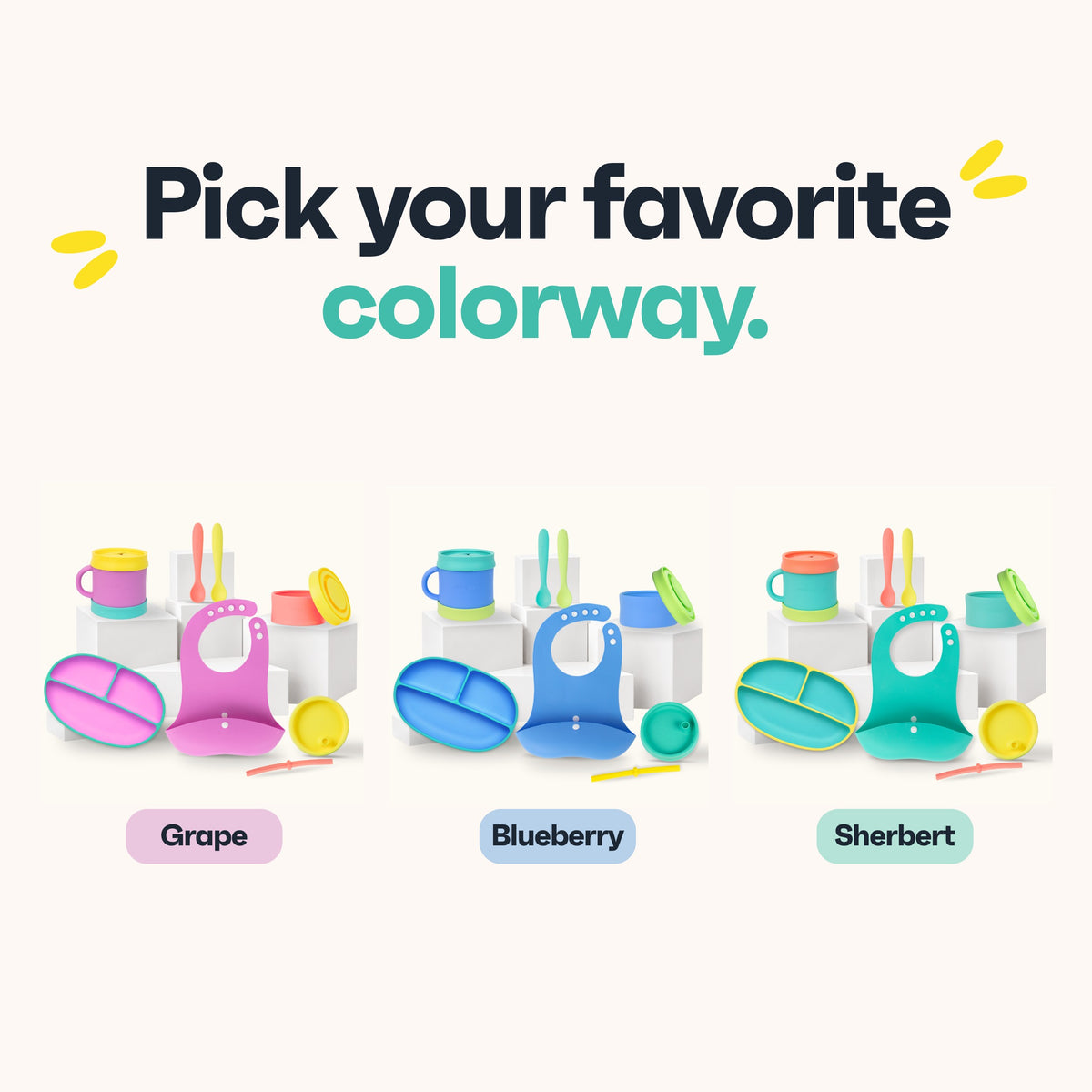Mealtime Set colors: Grape, Blueberry and Sherbert