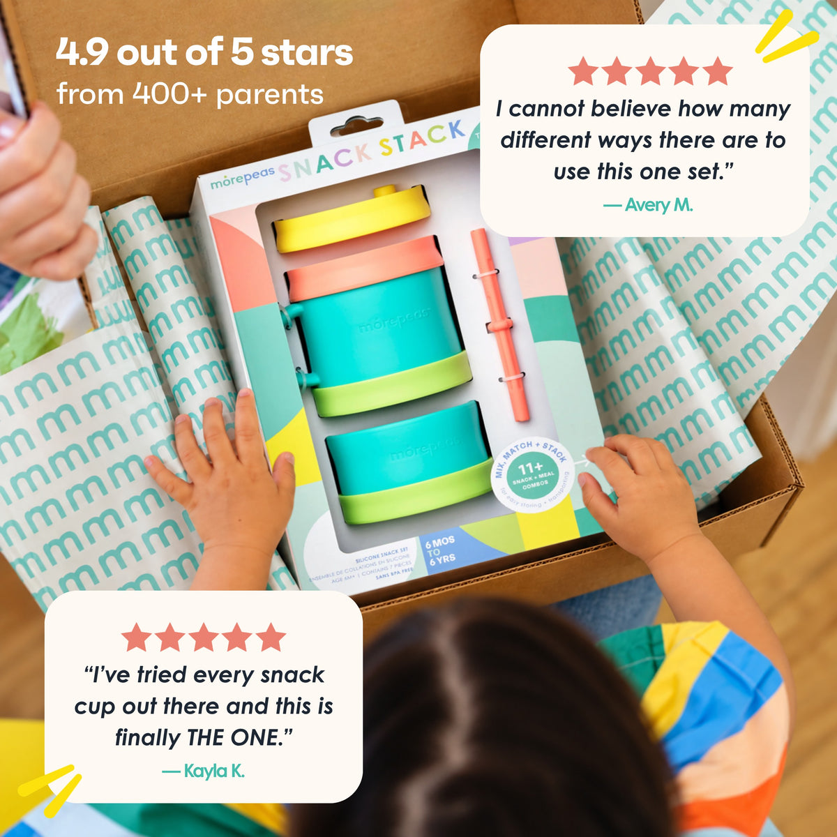 Child unboxing the Snack Stack Set, with two 5-star reviews