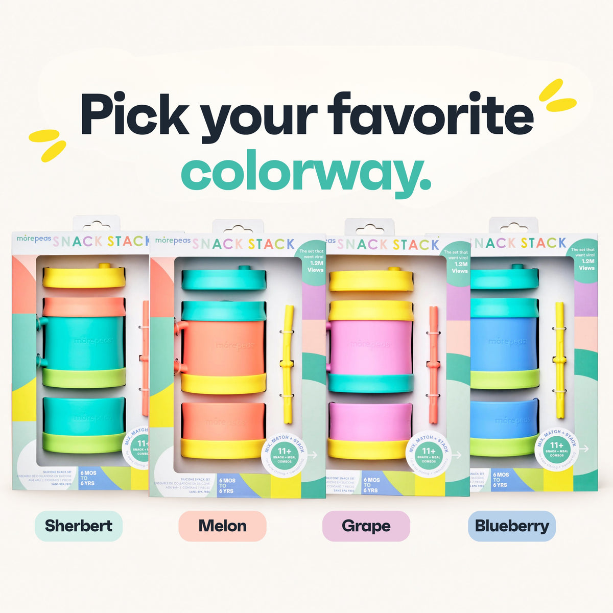 Snack Stack Set colors: Sherbert, Melon, Grape and Blueberry