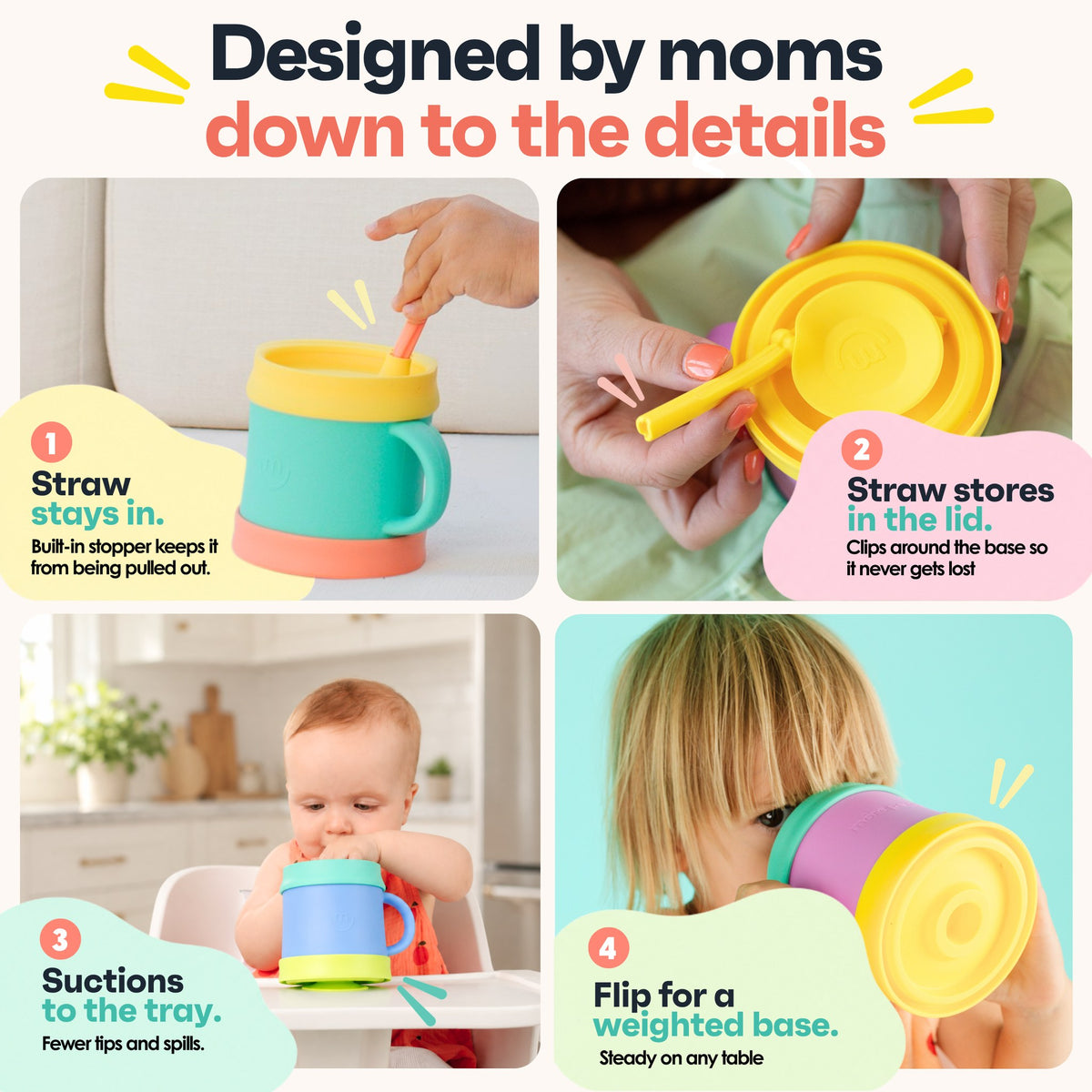 Morepeas cup details: straw stopper, straw storage in the lid, suction base and flip-over weighted base